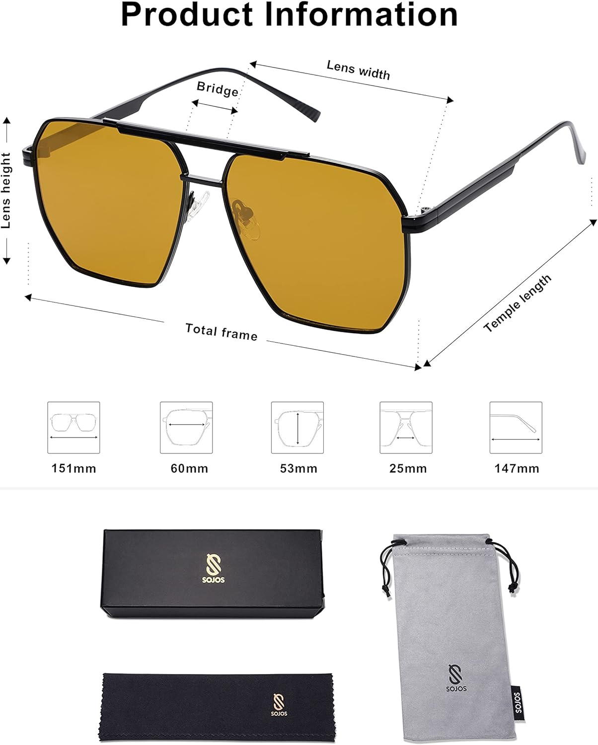SOJOS Retro Oversized Square Polarized Sunglasses for Women and Men Vintage Shades UV400 Classic Large Metal Sun GlassesMatt Black