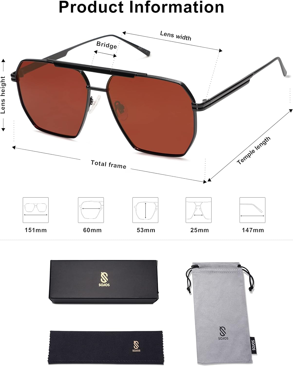 SOJOS Retro Oversized Square Polarized Sunglasses for Women and Men Vintage Shades UV400 Classic Large Metal Sun GlassesMatte Black