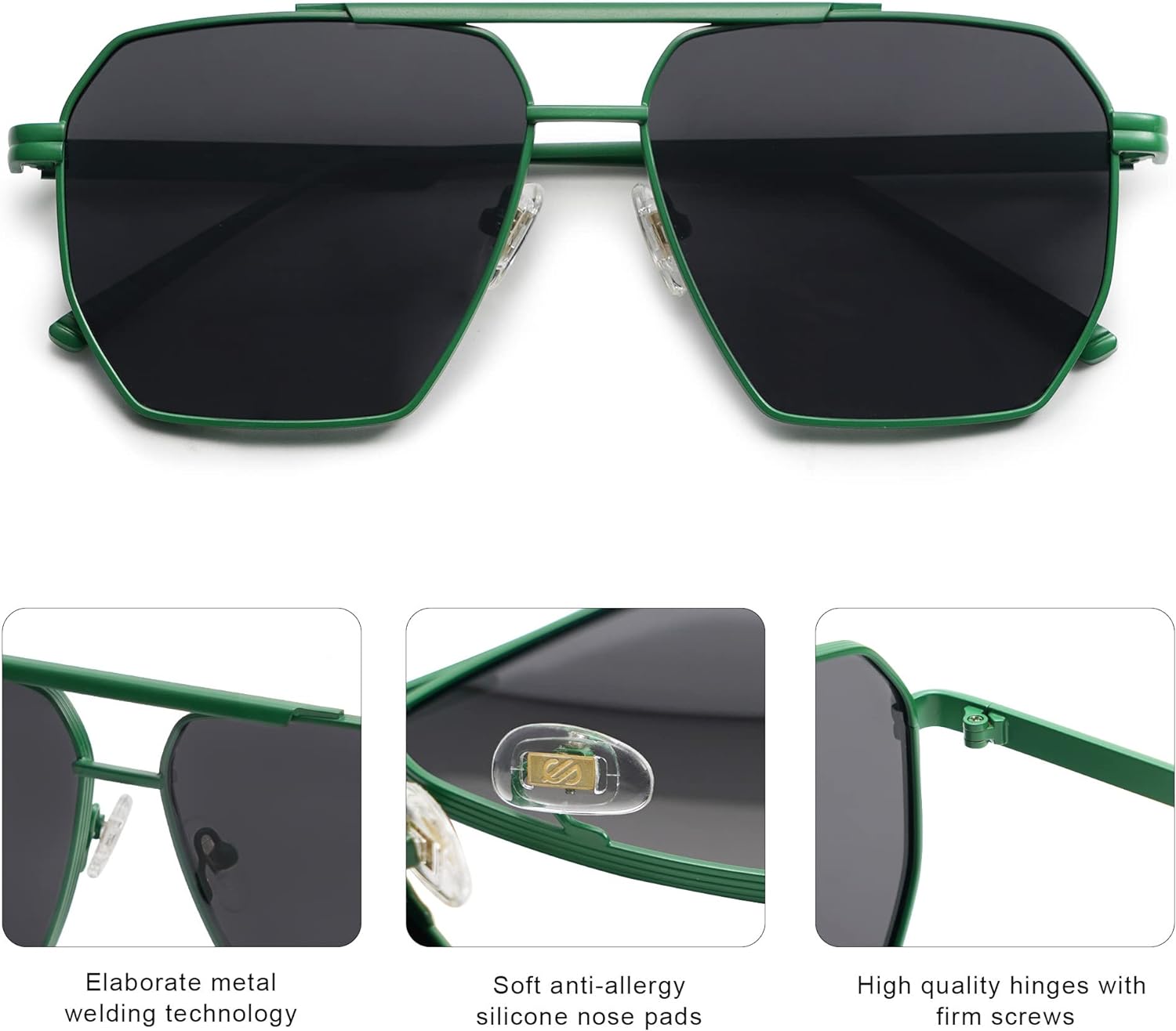 SOJOS Retro Oversized Square Polarized Sunglasses for Women and Men Vintage Shades UV400 Classic Large Metal Sun GlassesMatte GreenGrey