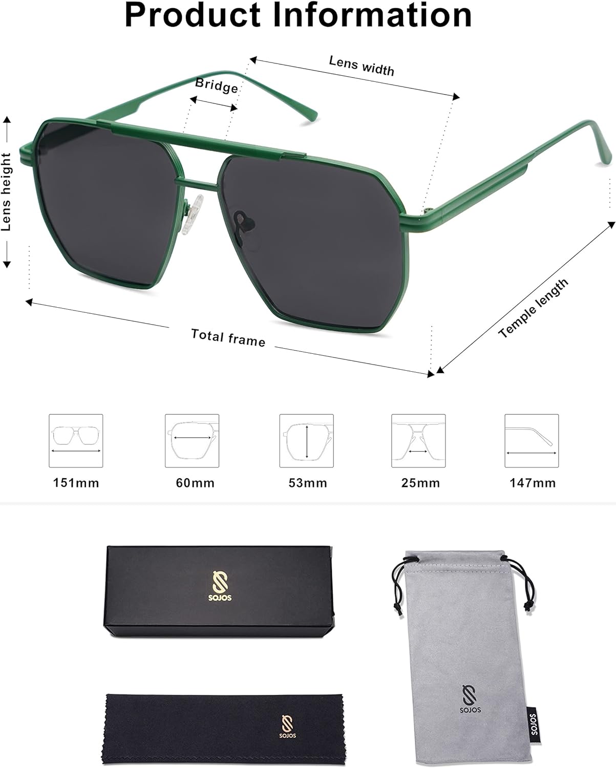 SOJOS Retro Oversized Square Polarized Sunglasses for Women and Men Vintage Shades UV400 Classic Large Metal Sun GlassesMatte GreenGrey