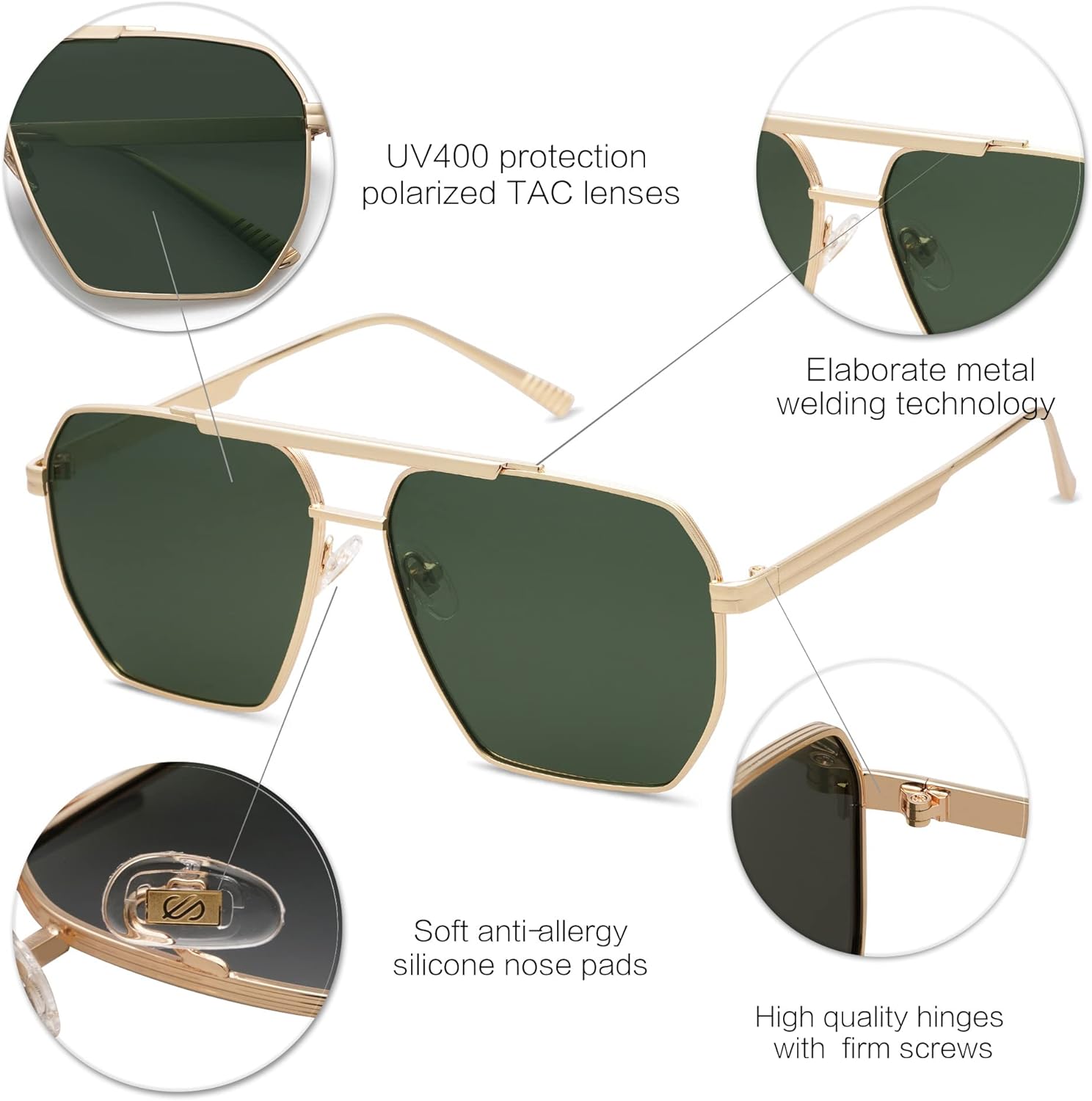 SOJOS Retro Oversized Square Polarized Sunglasses for Women and Men Vintage Shades UV400 Classic Large Metal Sun GlassesSgold