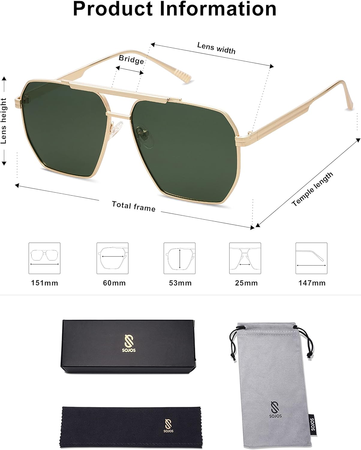 SOJOS Retro Oversized Square Polarized Sunglasses for Women and Men Vintage Shades UV400 Classic Large Metal Sun GlassesSgold