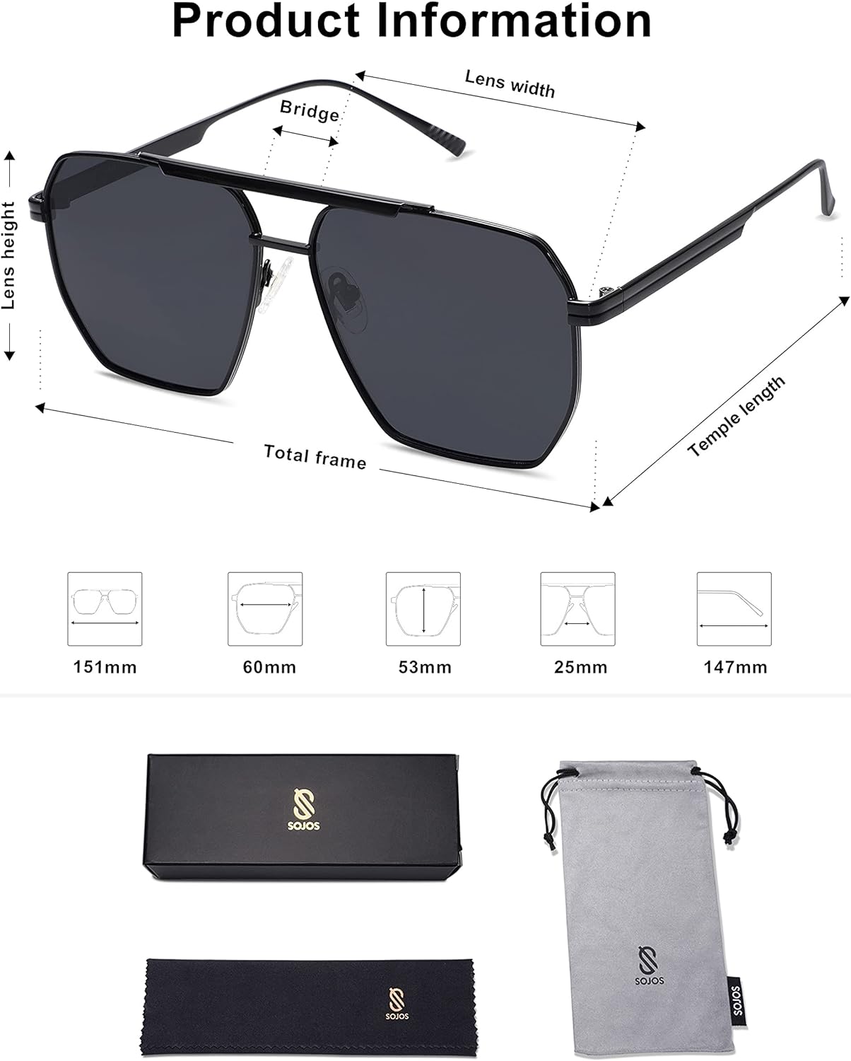 SOJOS Retro Oversized Square Polarized Sunglasses for Women and Men Vintage Shades UV400 Classic Large Metal Sun GlassesShiny Black