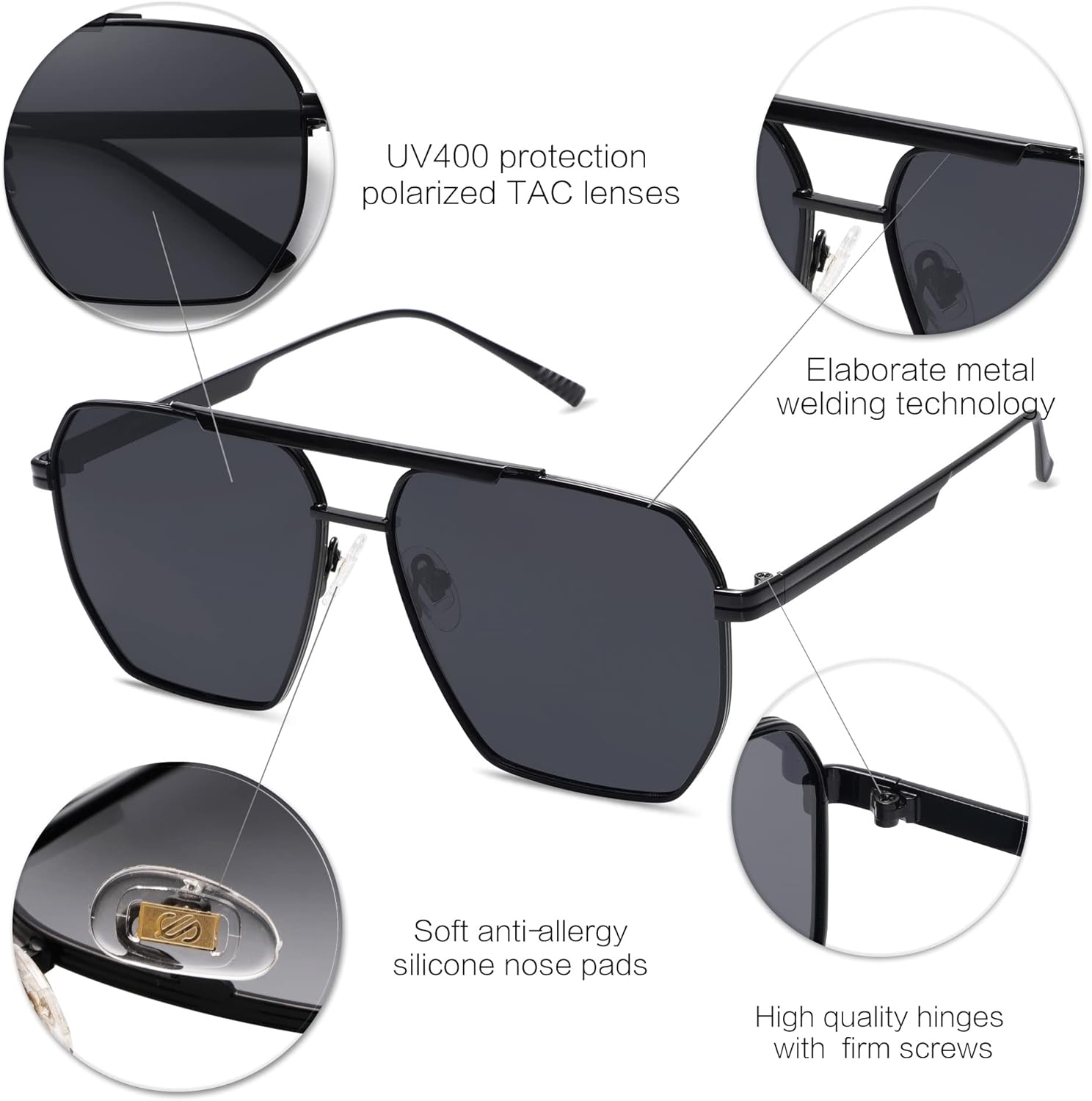 SOJOS Retro Oversized Square Polarized Sunglasses for Women and Men Vintage Shades UV400 Classic Large Metal Sun GlassesShiny Black