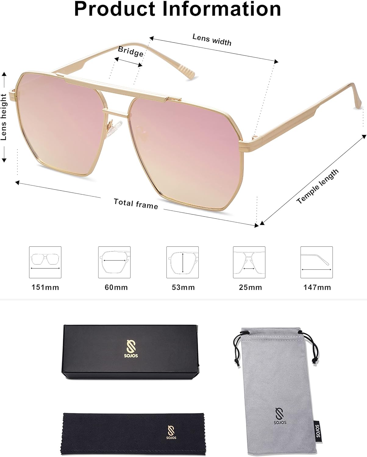 SOJOS Retro Oversized Square Polarized Sunglasses for Women and Men Vintage Shades UV400 Classic Large Metal Sun GlassesShiny Gold
