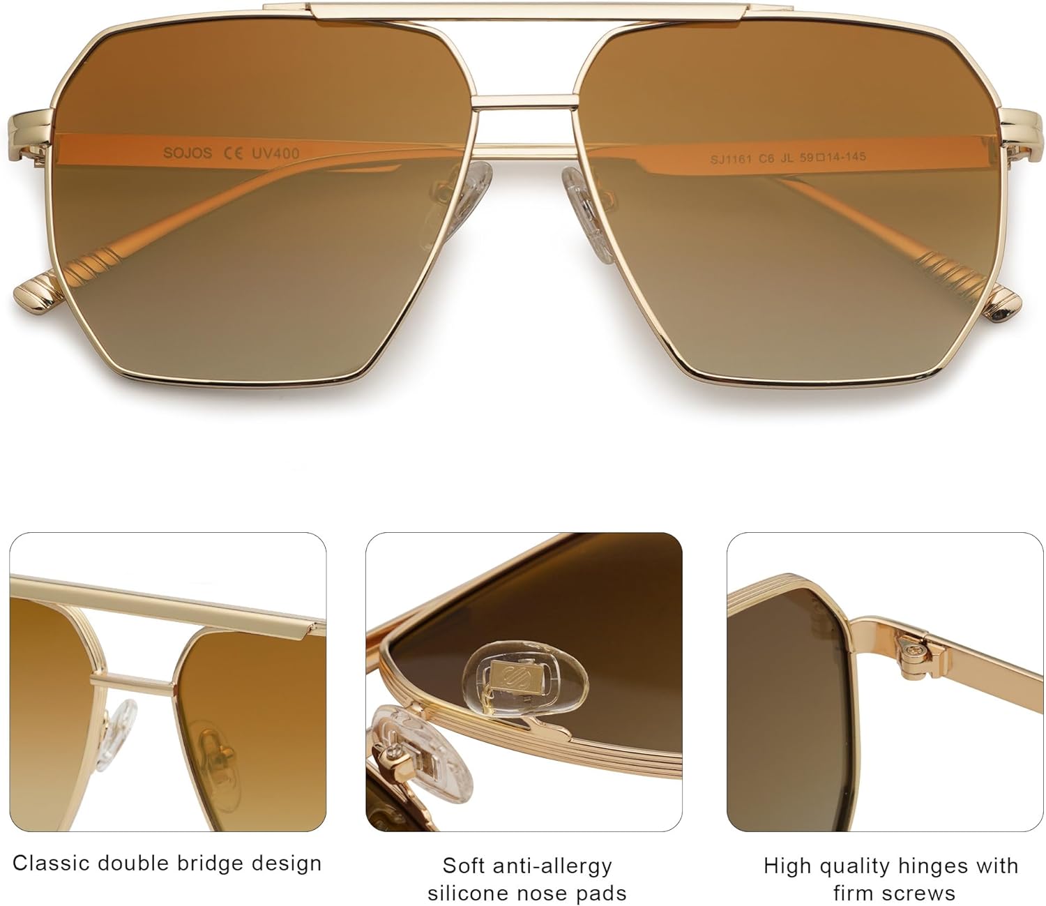 SOJOS Retro Oversized Square Polarized Sunglasses for Women and Men Vintage Shades UV400 Classic Large Metal Sun GlassesShiny GoldGradient Brown