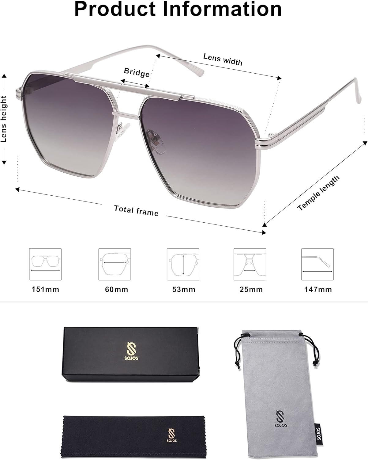 SOJOS Retro Oversized Square Polarized Sunglasses for Women and Men Vintage Shades UV400 Classic Large Metal Sun GlassesSilverGrey