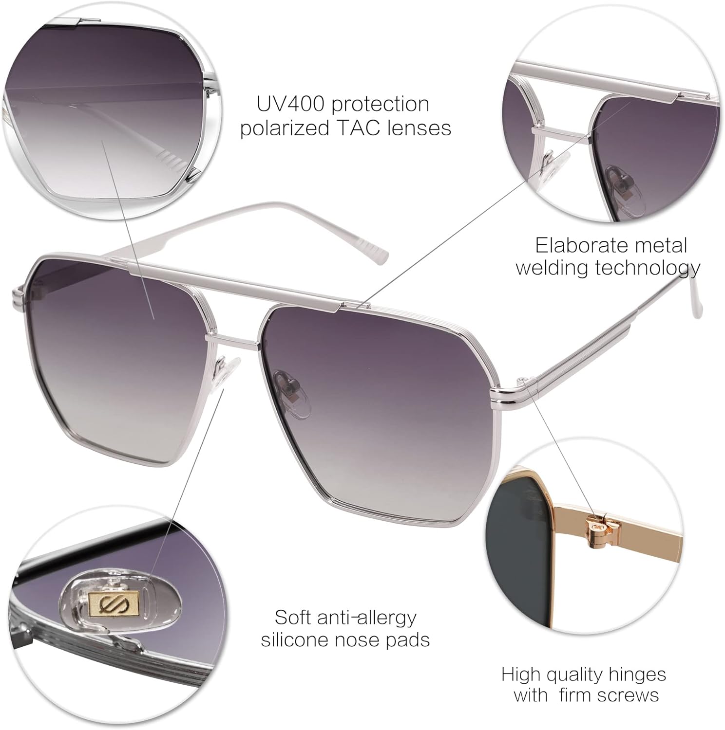 SOJOS Retro Oversized Square Polarized Sunglasses for Women and Men Vintage Shades UV400 Classic Large Metal Sun GlassesSilverGrey