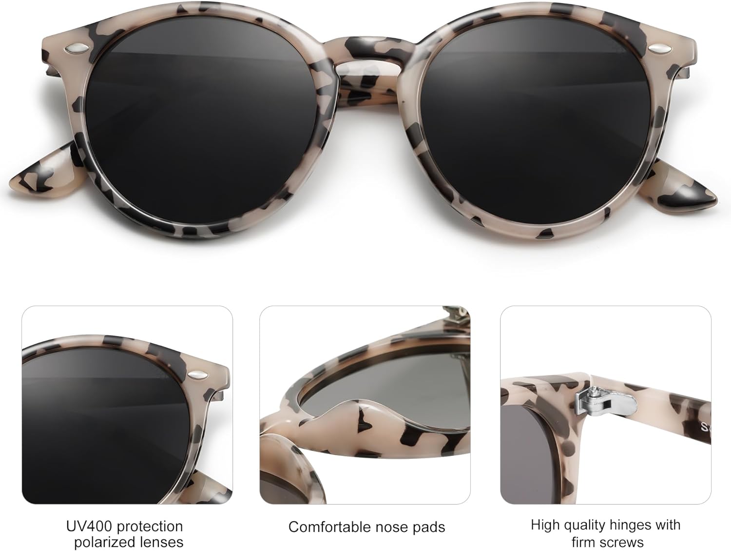SOJOS Retro Round Polarized Sunglasses for Women Men Classic Vintage Sunnies SJ2069Beige TortoiseGrey Tortoise Temples