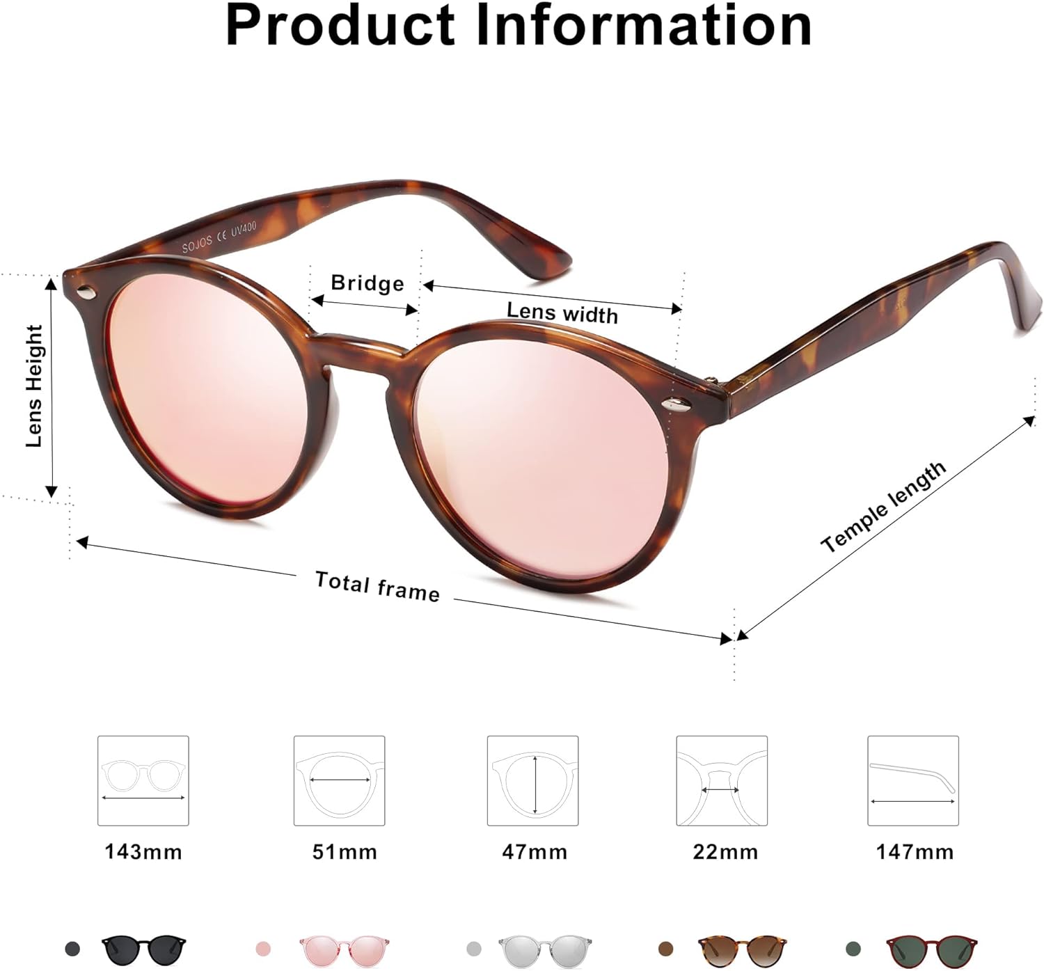 SOJOS Retro Round Polarized Sunglasses for Women Men Classic Vintage Sunnies SJ2069TortoisePink Mirrored