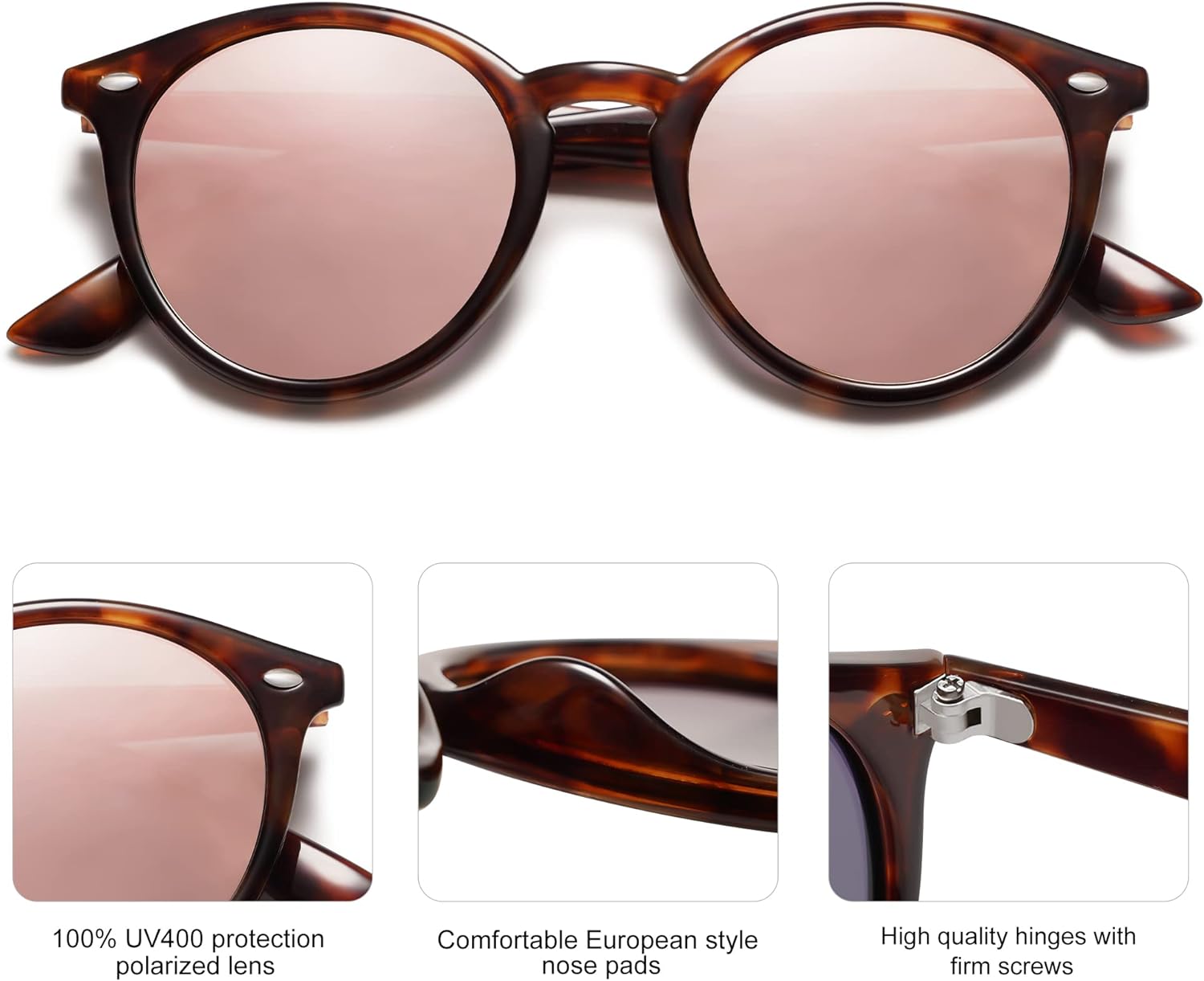 SOJOS Retro Round Polarized Sunglasses for Women Men Classic Vintage Sunnies SJ2069TortoisePink Mirrored