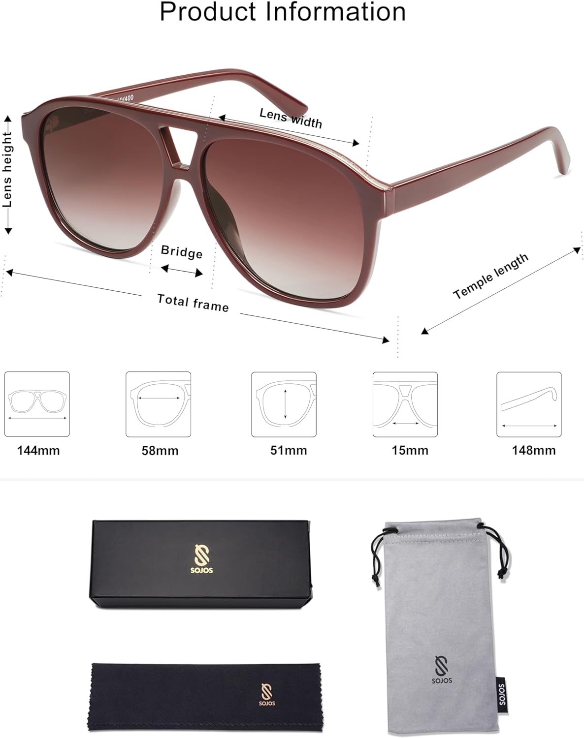 SOJOS Retro Trendy Aviator Sunglasses for Women Men Classic Vintage UV400 Aviators SJ2315RedRedish Brown