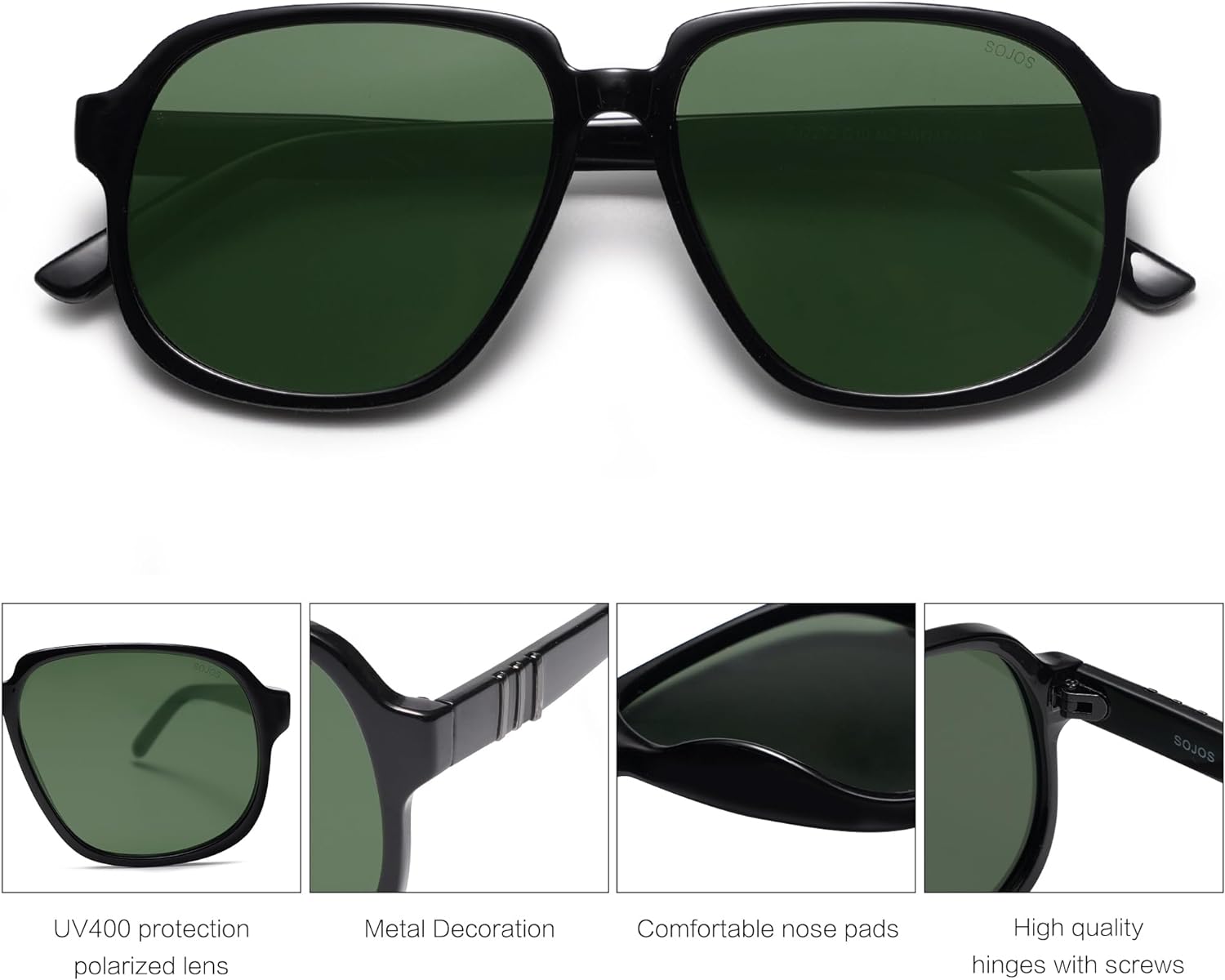 SOJOS Retro Vintage Square Polarized Sunglasses for Women Men 70s Stylish Oversized Sunnies SJ2272BlackDark Green