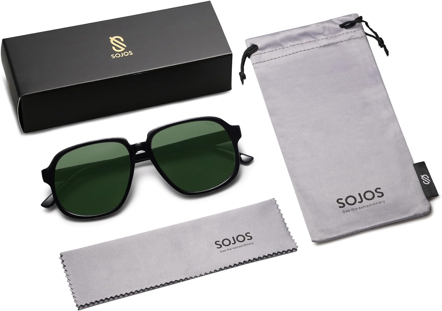 SOJOS Retro Vintage Square Polarized Sunglasses for Women Men 70s Stylish Oversized Sunnies SJ2272BlackDark Green