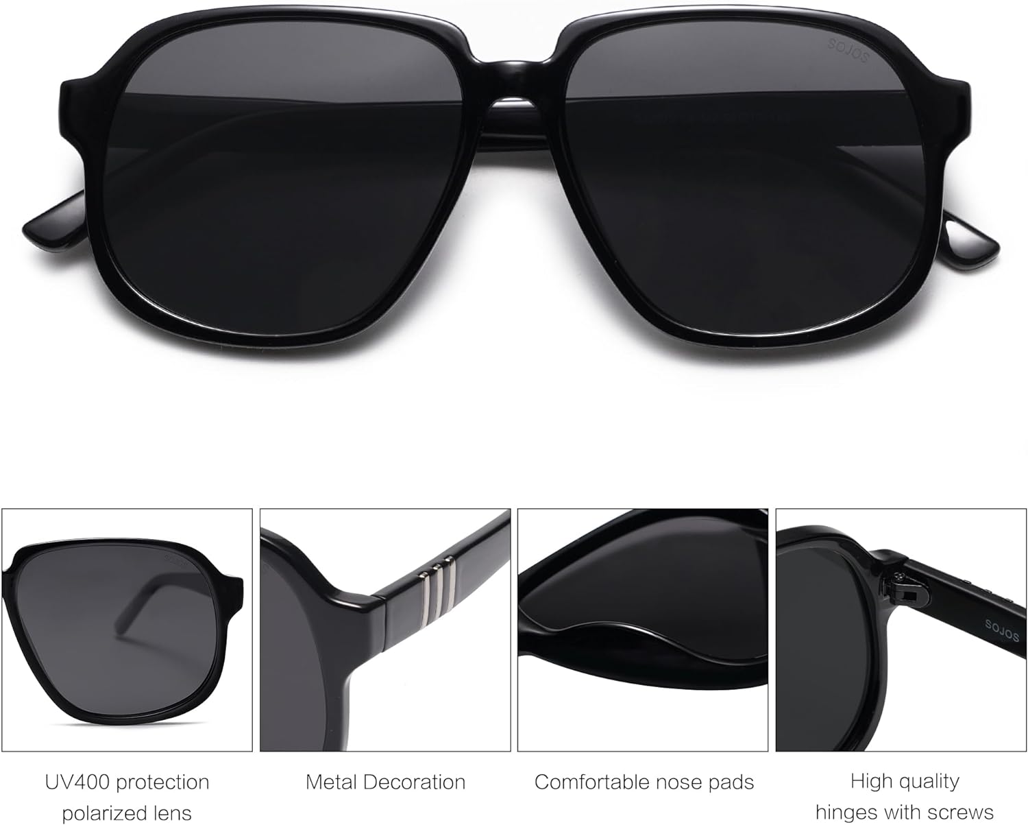 SOJOS Retro Vintage Square Polarized Sunglasses for Women Men 70s Stylish Oversized Sunnies SJ2272BlackGrey