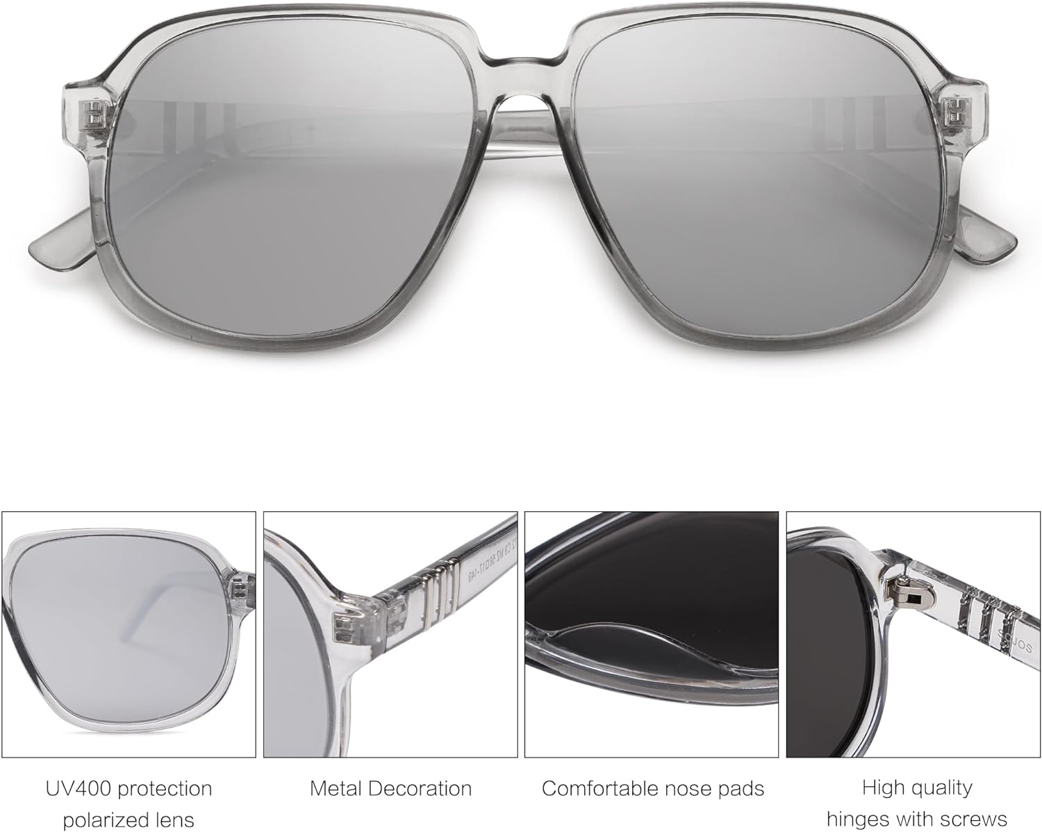 SOJOS Retro Vintage Square Polarized Sunglasses for Women Men 70s Stylish Oversized Sunnies SJ2272GreySilver Mirrored