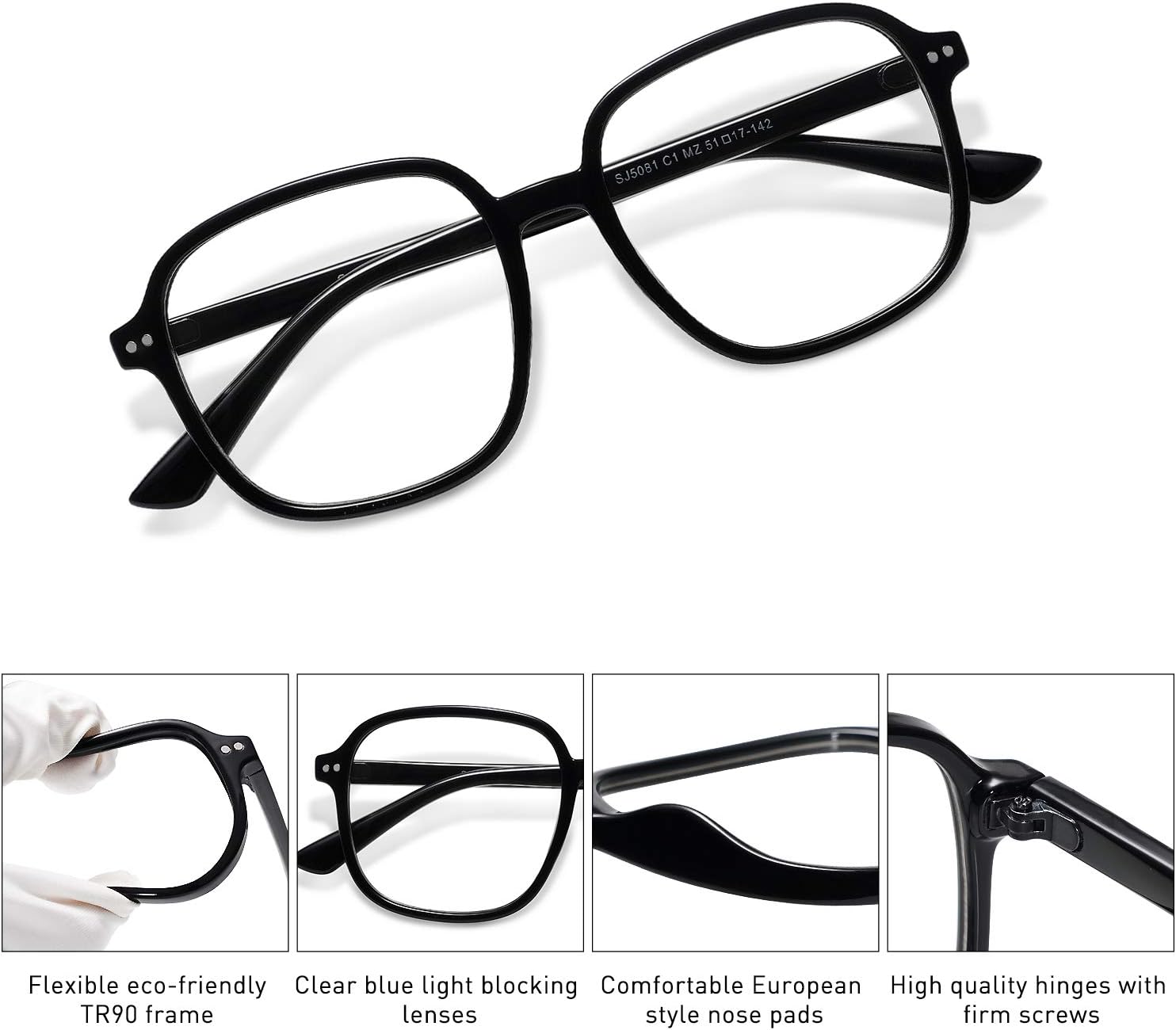SOJOS Square Blue Light Blocking Glasses Oversized for Women TR90 Frame Filter SJ5081C1 Black Frame AntiBlue Light Lens