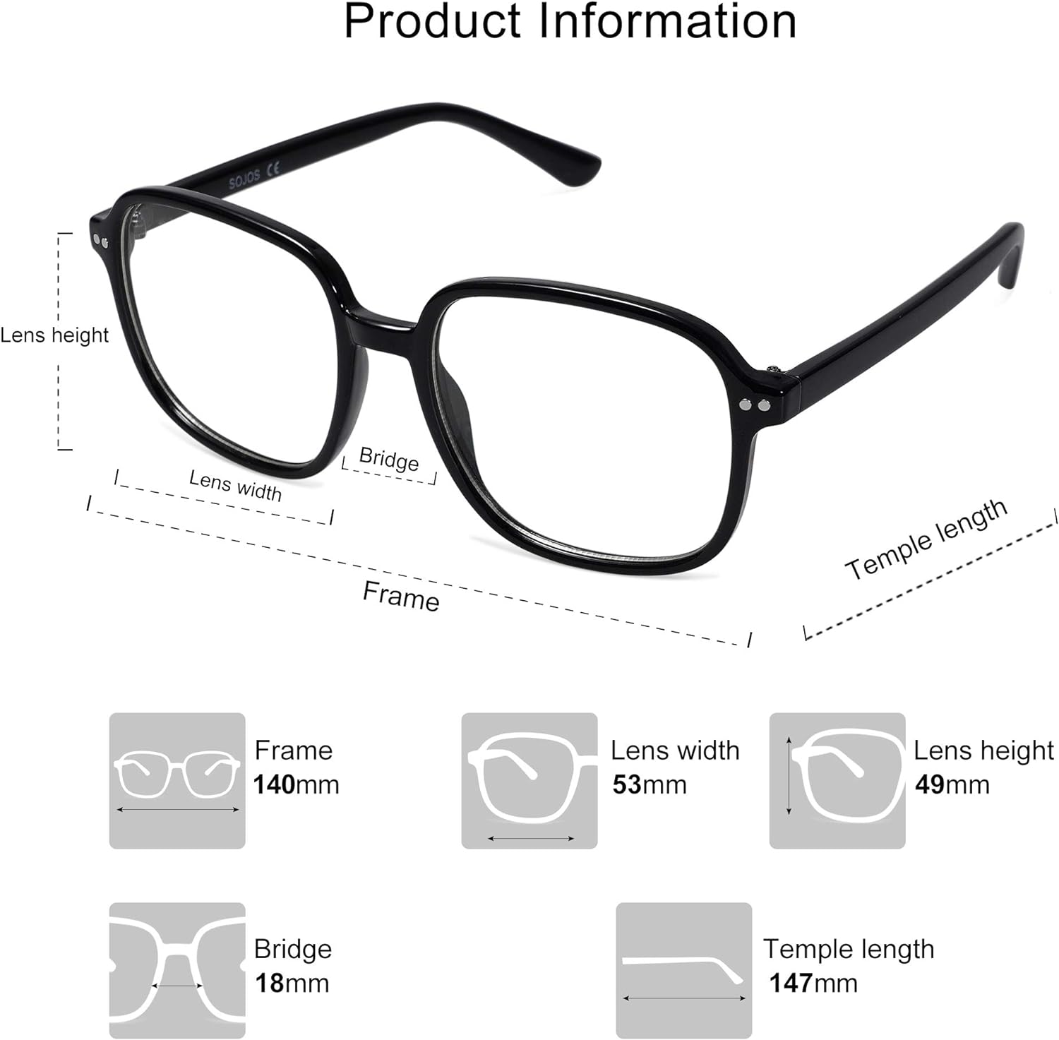 SOJOS Square Blue Light Blocking Glasses Oversized for Women TR90 Frame Filter SJ5081C1 Black Frame AntiBlue Light Lens