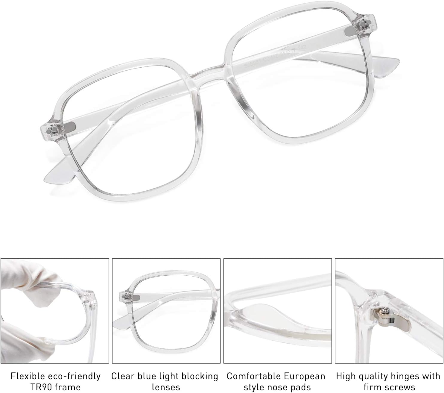 SOJOS Square Blue Light Blocking Glasses Oversized for Women TR90 Frame Filter SJ5081C2 Crystal Frame AntiBlue Light Lens