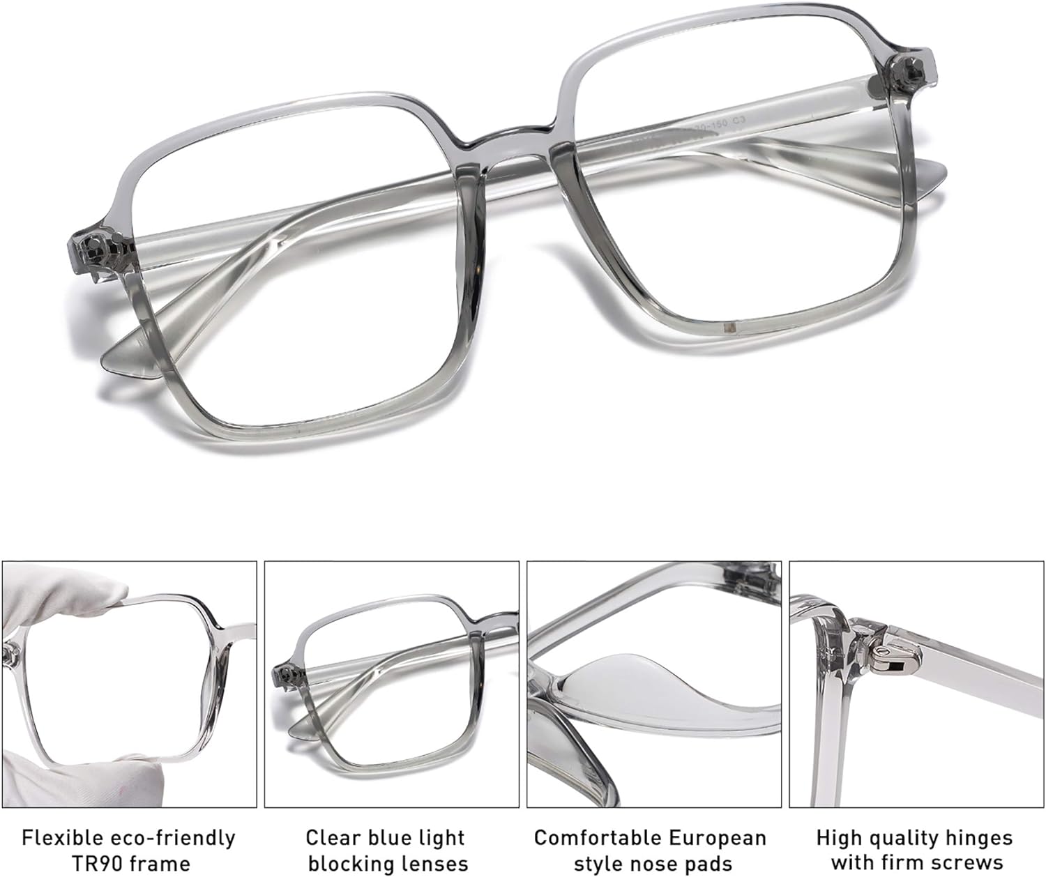 SOJOS Square Blue Light Blocking Glasses Oversized for Women TR90 Frame Filter SJ5081C3 Crystal Grey Frame AntiBlue Light Lens