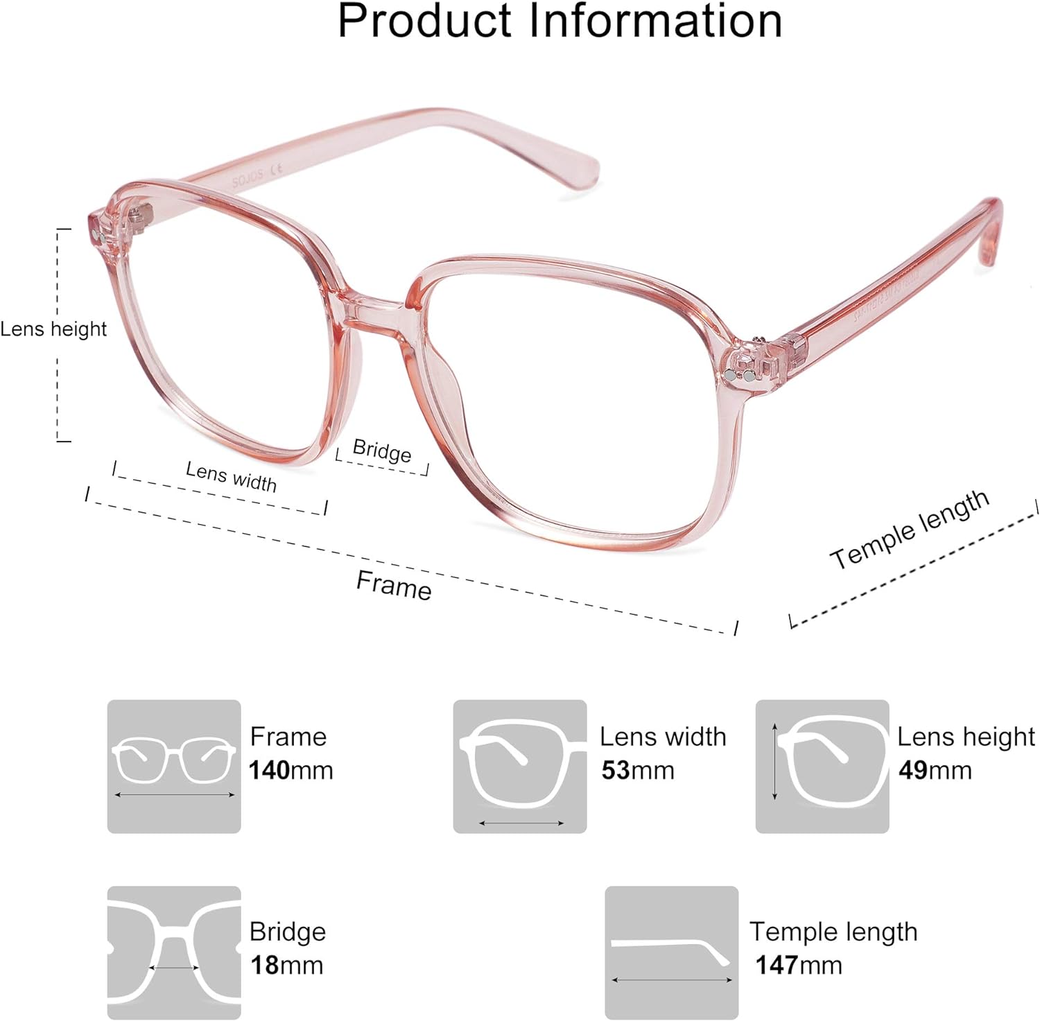 SOJOS Square Blue Light Blocking Glasses Oversized for Women TR90 Frame Filter SJ5081C4 Crystal Pink Frame AntiBlue Light Lens