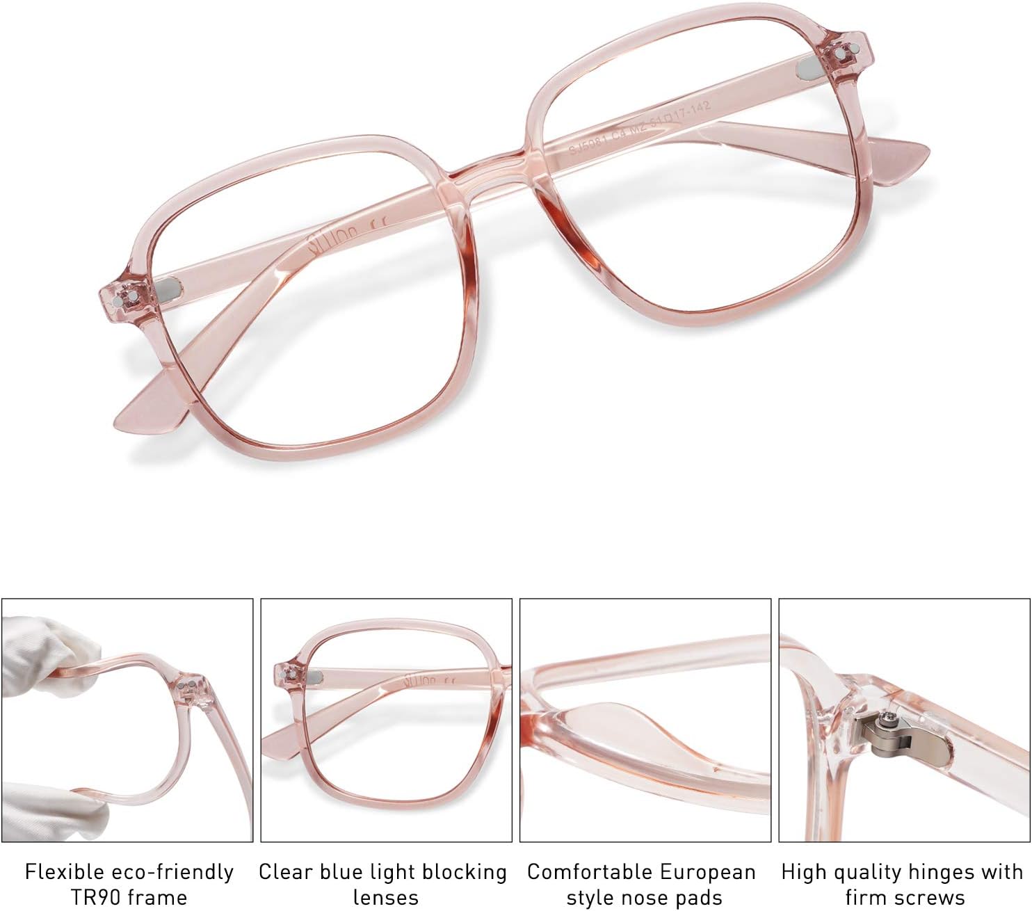 SOJOS Square Blue Light Blocking Glasses Oversized for Women TR90 Frame Filter SJ5081C4 Crystal Pink Frame AntiBlue Light Lens