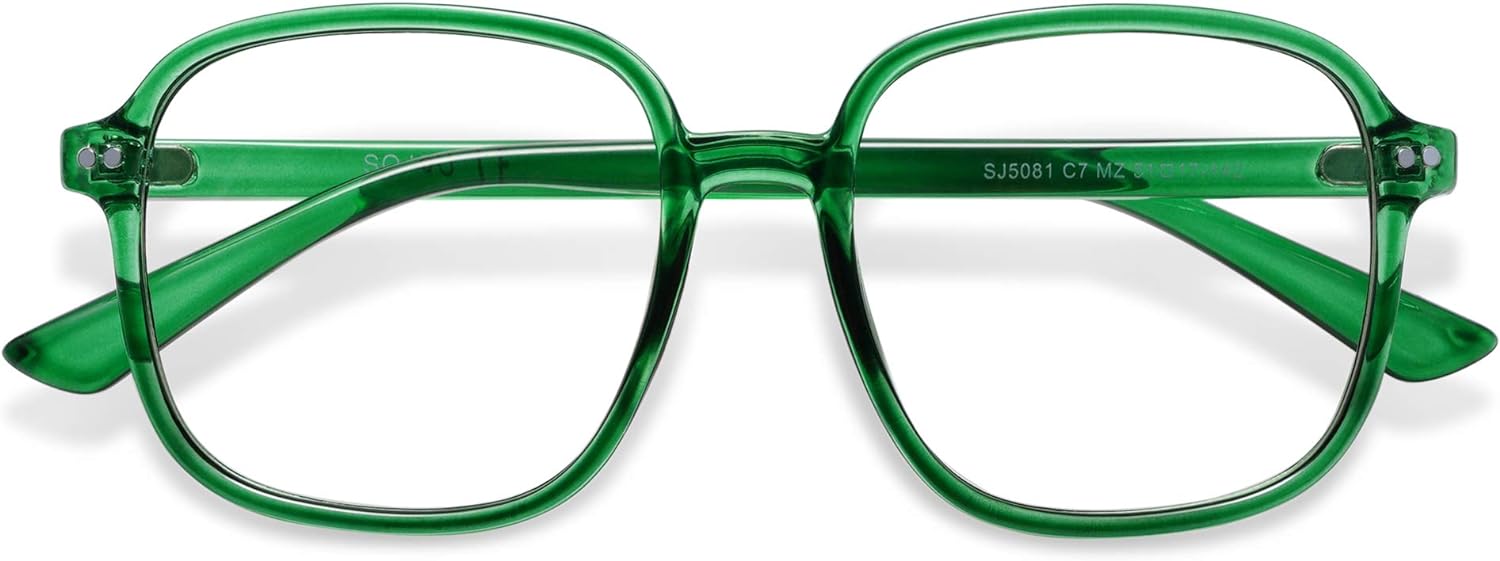 SOJOS Square Blue Light Blocking Glasses Oversized for Women TR90 Frame Filter SJ5081C7 Crystal Dark Green Frame AntiBlue Light Lens
