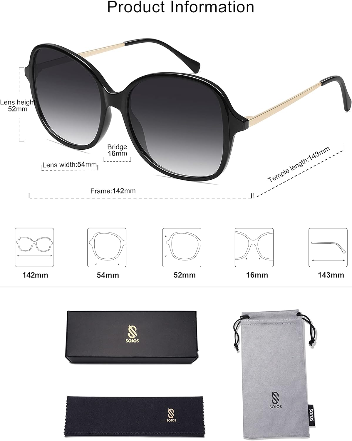 SOJOS Vintage Big Oversized Square Sunglasses for Women TR90 Frame Womens Shades Sunglasses SJ5097Black