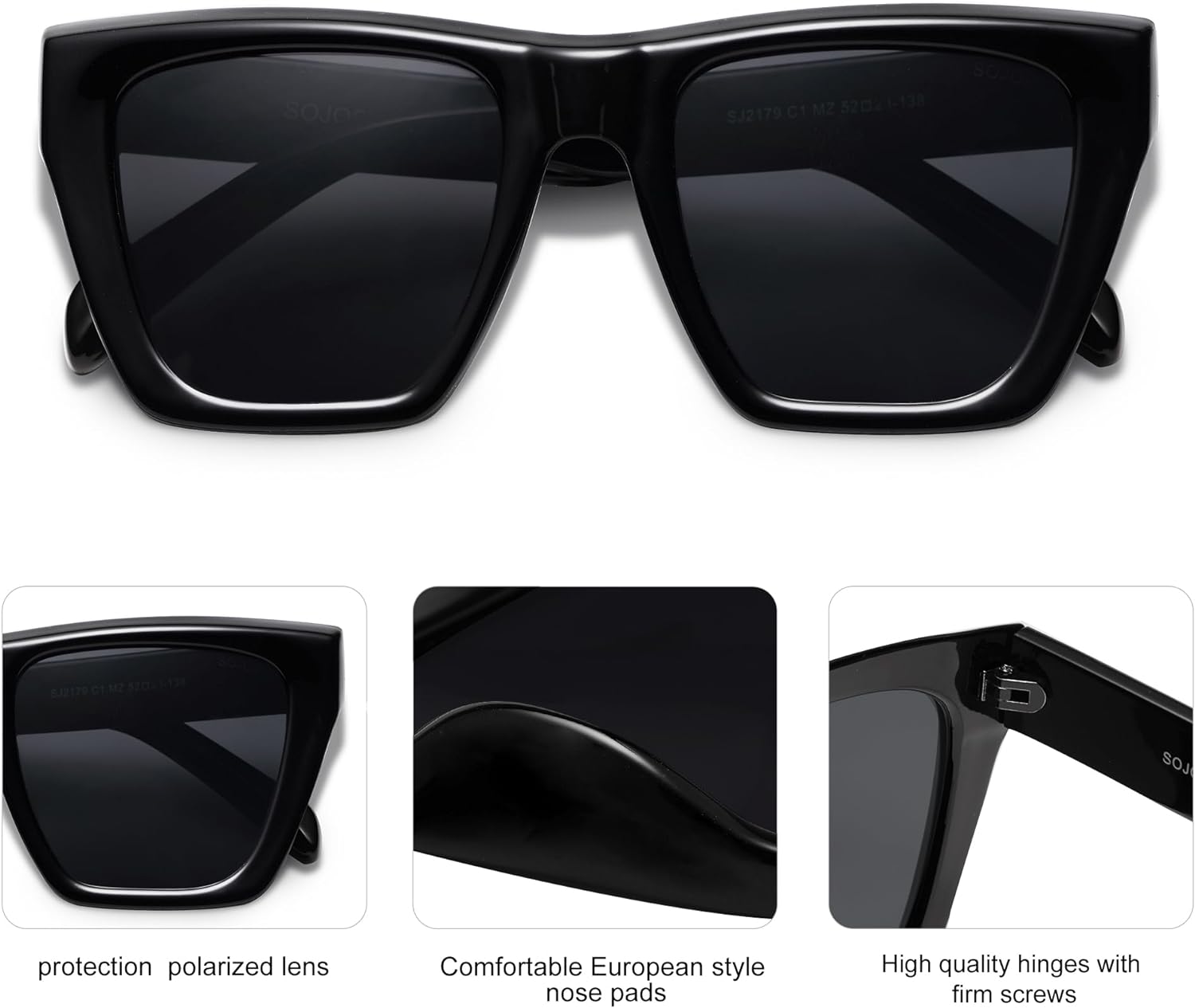 SOJOS Vintage Oversized Square Cat Eye Polarized Sunglasses for Women Trendy Fashion Cateye Style Sunglasses SJ2179Black