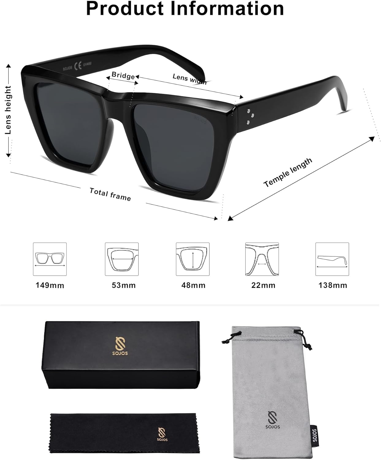 SOJOS Vintage Oversized Square Cat Eye Polarized Sunglasses for Women Trendy Fashion Cateye Style Sunglasses SJ2179Black