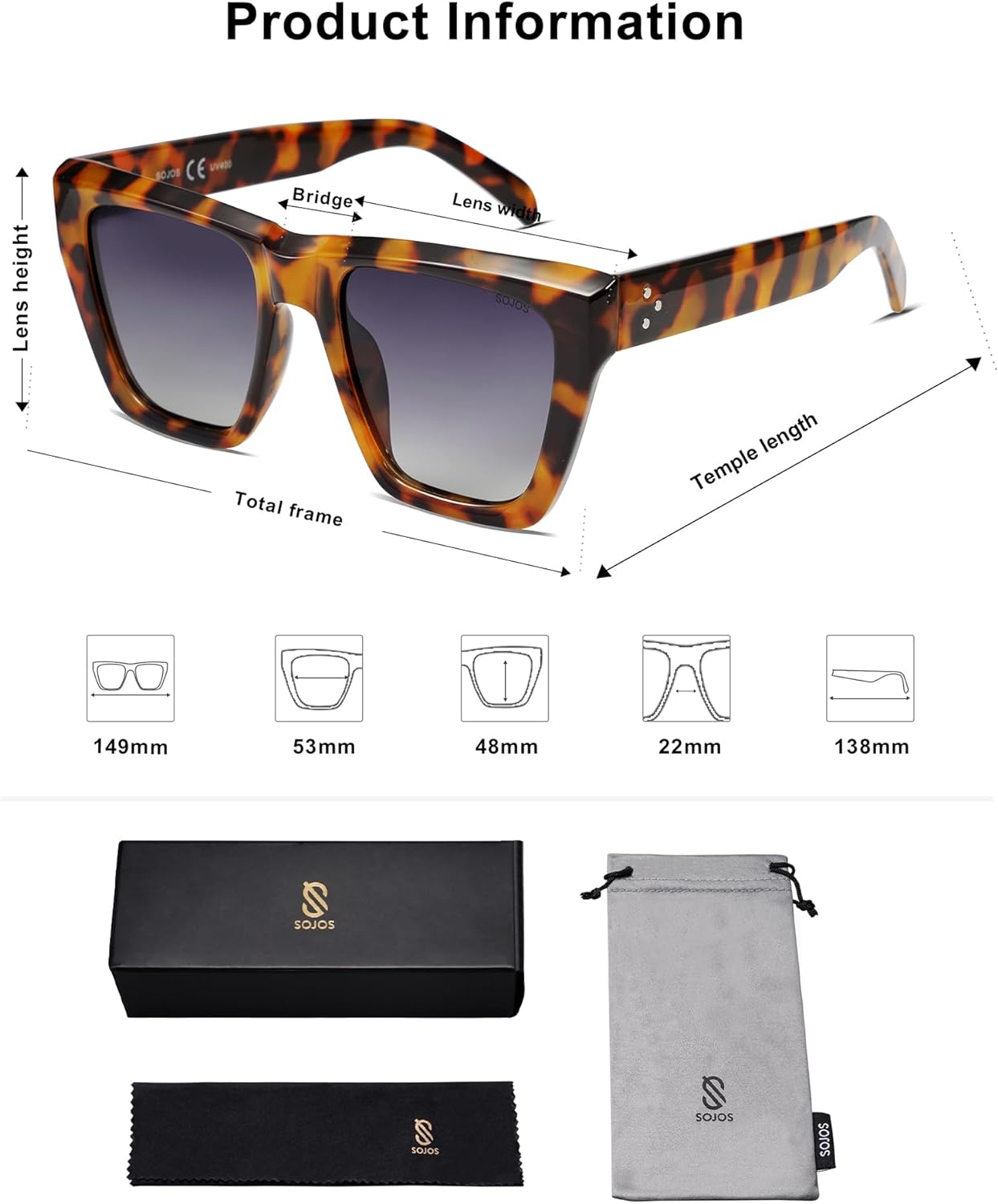 SOJOS Vintage Oversized Square Cat Eye Polarized Sunglasses for Women Trendy Fashion Cateye Style Sunglasses SJ2179Bright Tortoise
