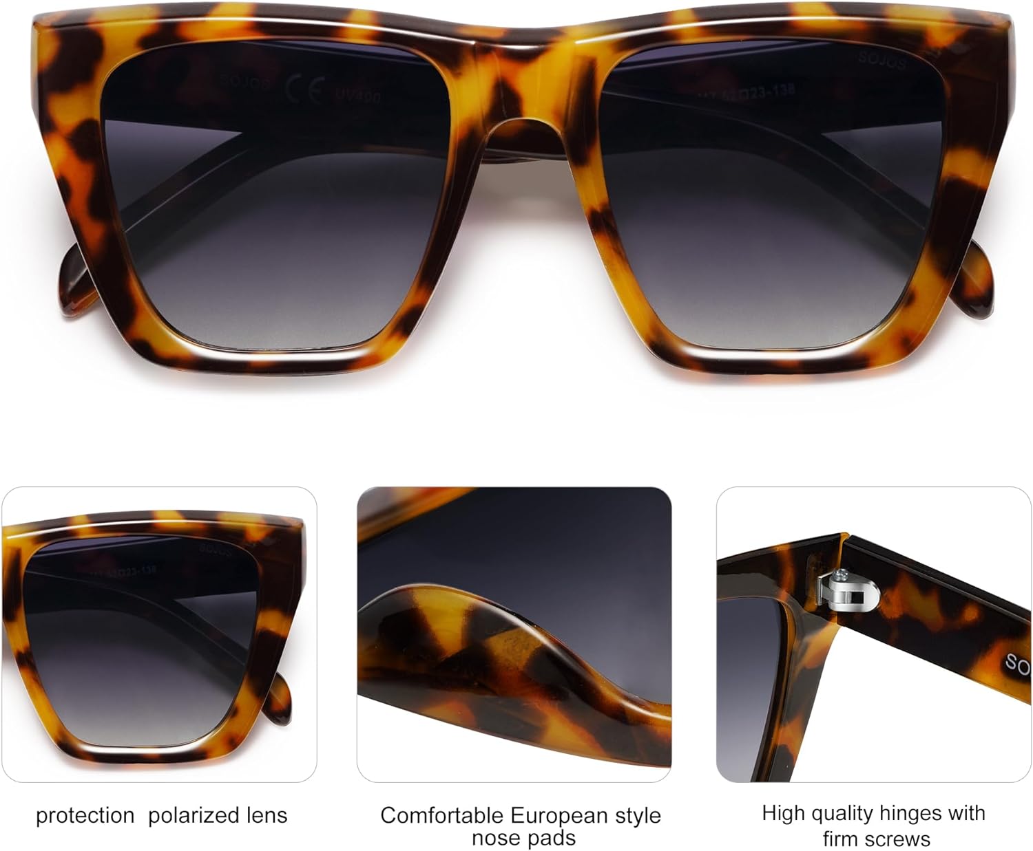 SOJOS Vintage Oversized Square Cat Eye Polarized Sunglasses for Women Trendy Fashion Cateye Style Sunglasses SJ2179Bright Tortoise
