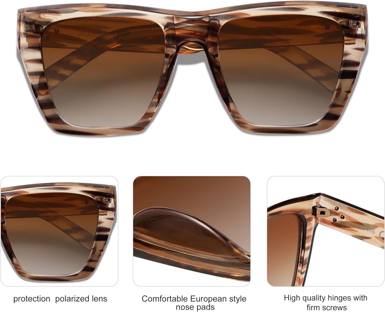 SOJOS Vintage Oversized Square Cat Eye Polarized Sunglasses for Women Trendy Fashion Cateye Style Sunglasses SJ2179Brown Pattern