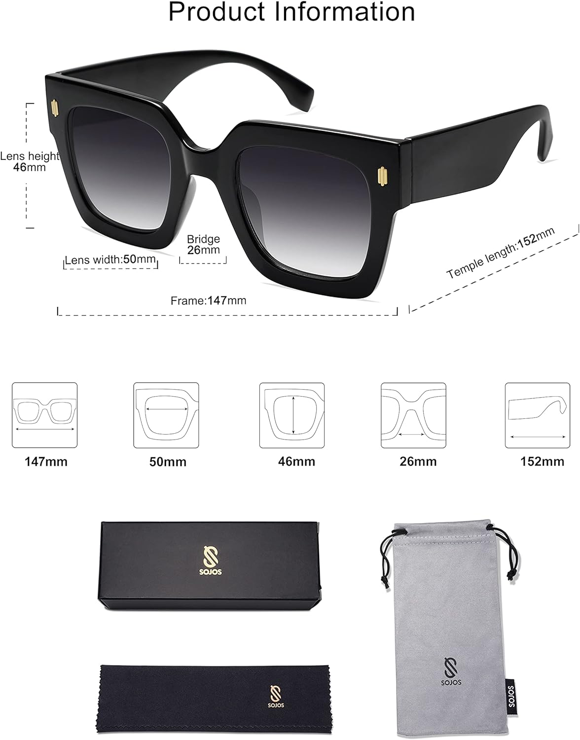 SOJOS Vintage Oversized Square Sunglasses for WomenRetro Womens Luxury Big Sun Glasses UV400 Protection SJ2194Black