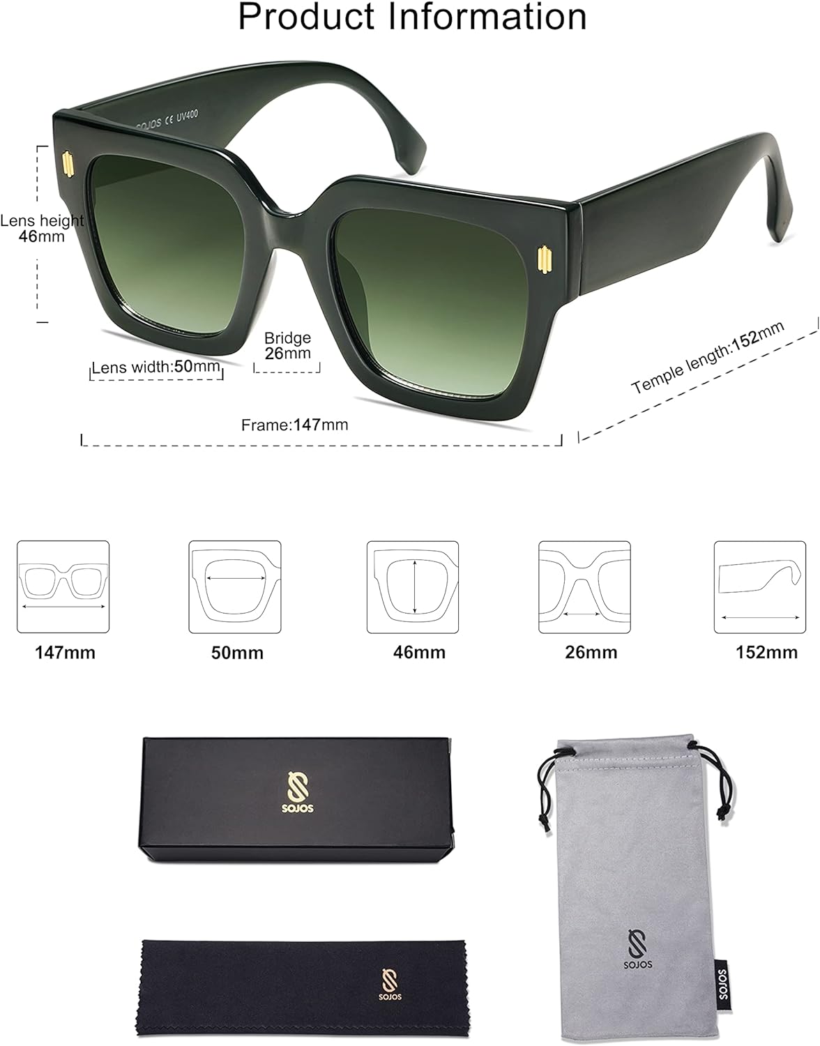 SOJOS Vintage Oversized Square Sunglasses for WomenRetro Womens Luxury Big Sun Glasses UV400 Protection SJ2194Green
