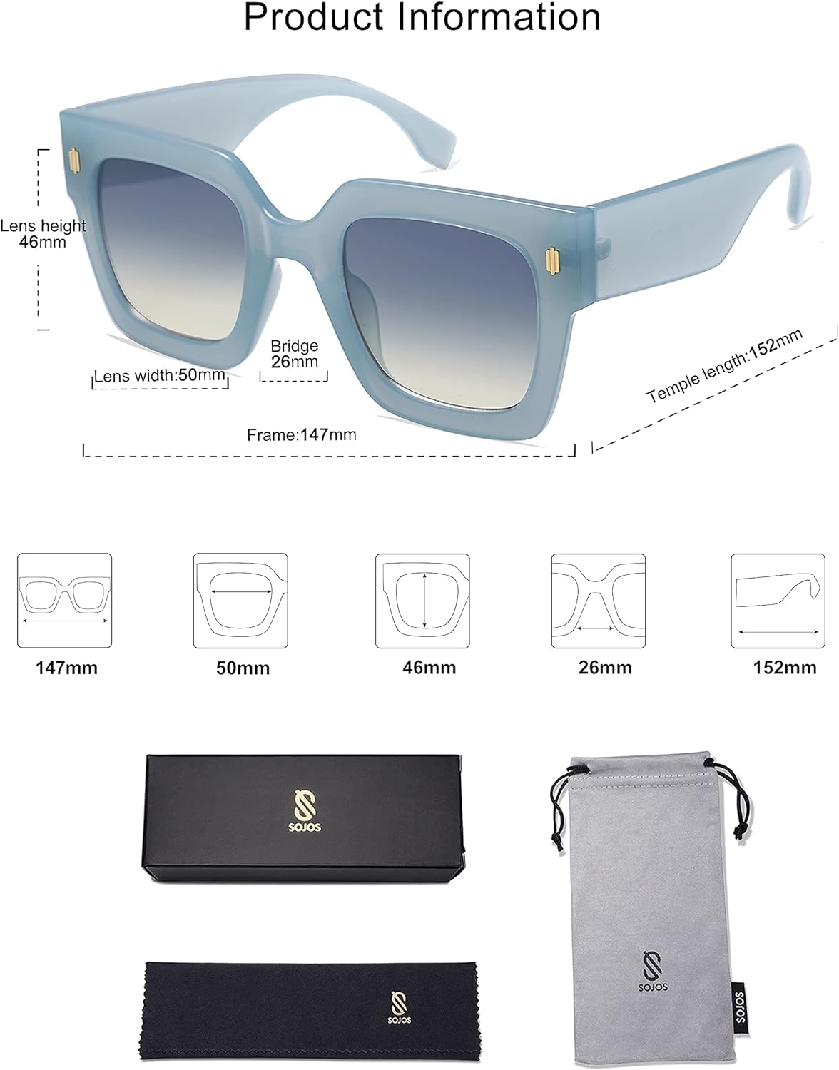 SOJOS Vintage Oversized Square Sunglasses for WomenRetro Womens Luxury Big Sun Glasses UV400 Protection SJ2194Milky Blue