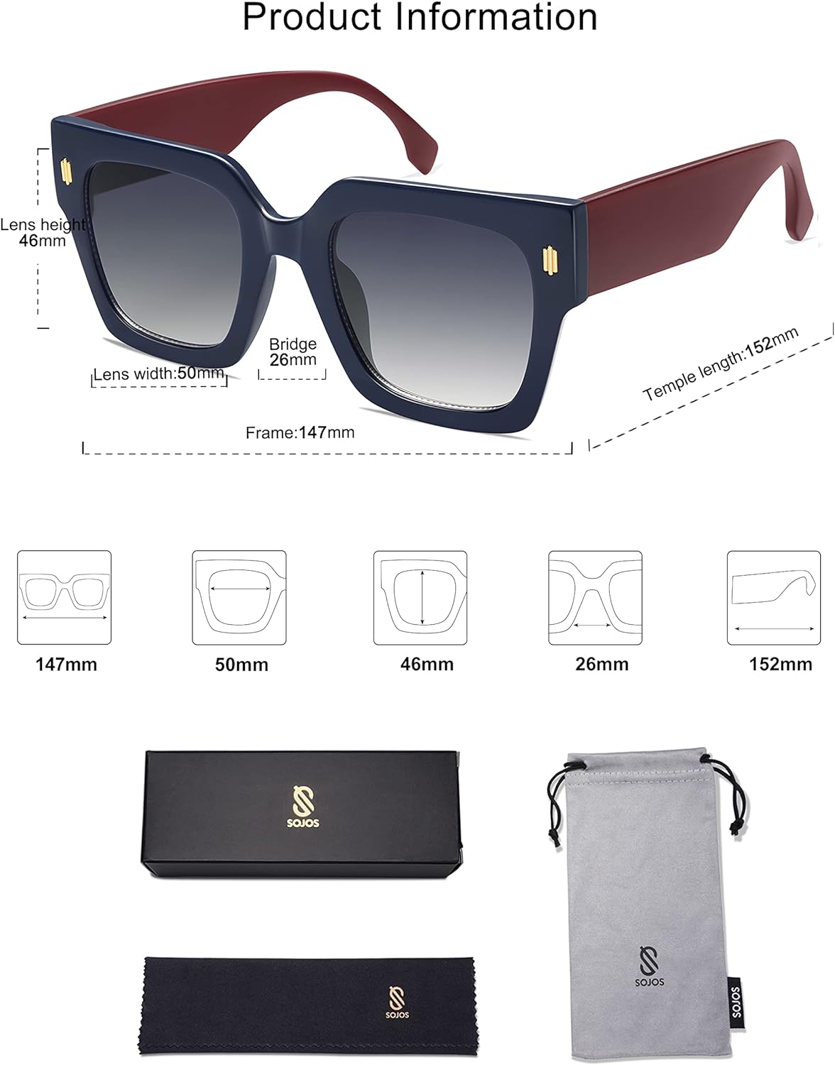 SOJOS Vintage Oversized Square Sunglasses for WomenRetro Womens Luxury Big Sun Glasses UV400 Protection SJ2194Milky NavyMilky Red