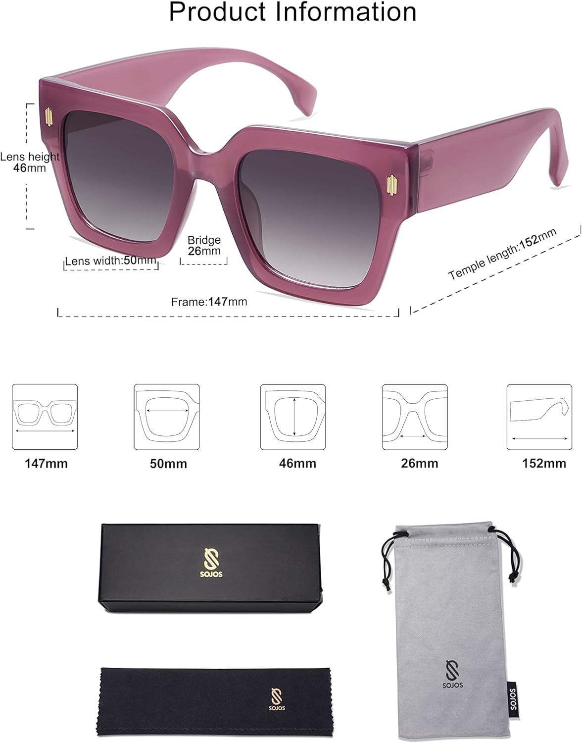 SOJOS Vintage Oversized Square Sunglasses for WomenRetro Womens Luxury Big Sun Glasses UV400 Protection SJ2194Milky Purple