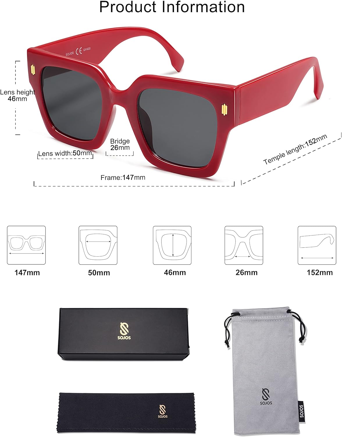 SOJOS Vintage Oversized Square Sunglasses for WomenRetro Womens Luxury Big Sun Glasses UV400 Protection SJ2194Red