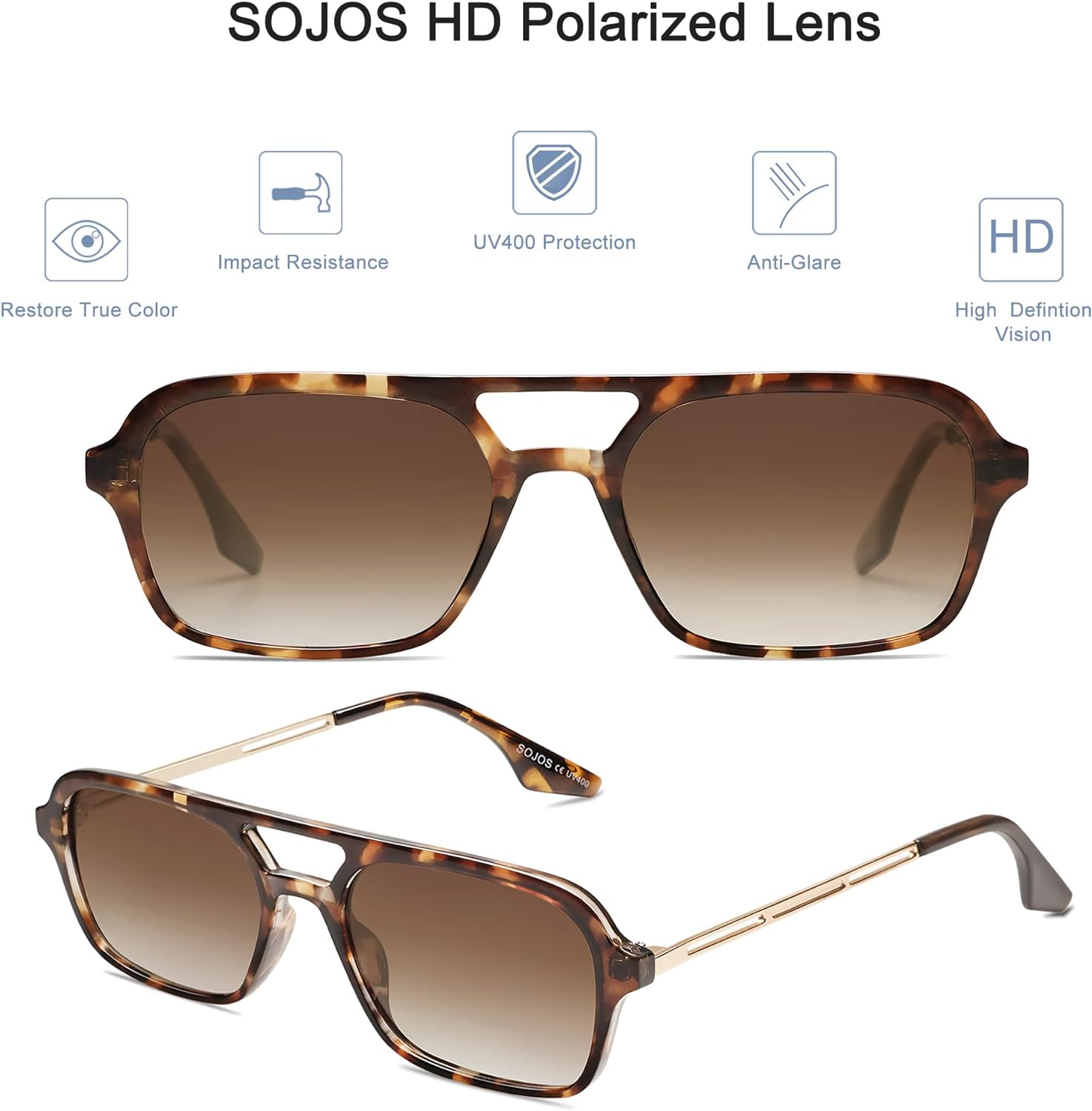 SOJOS Vintage Polarized Aviator Sunglasses for Women Men 70s Retro Flat Narraw Rectangular Womens Glasses SJ2186Brown Tortoise
