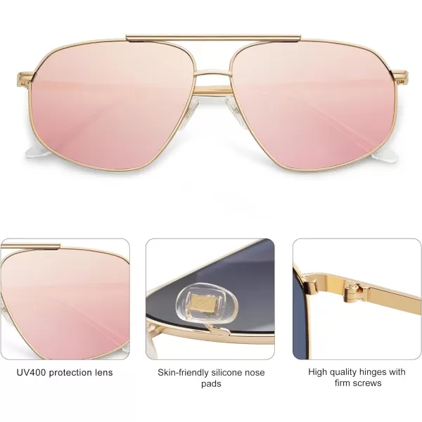 SOJOS Classic Retro Hexagonal Aviator Sunglasses for Women Men Vintage Polygon Sunnies SJ1200GoldPink Mirrored