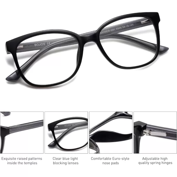 SOJOS Clear Blue Light Glasses Computer Glasses Embossed Temple ROCOCO SJ5099Black AntiBlue Light Lens