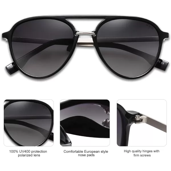 SOJOS Retro Aviator Polarized Sunglasses for Women Men Double Bridge Ladies ShadesBlack