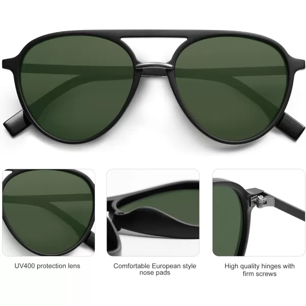 SOJOS Retro Aviator Polarized Sunglasses for Women Men Double Bridge Ladies ShadesMatte Black