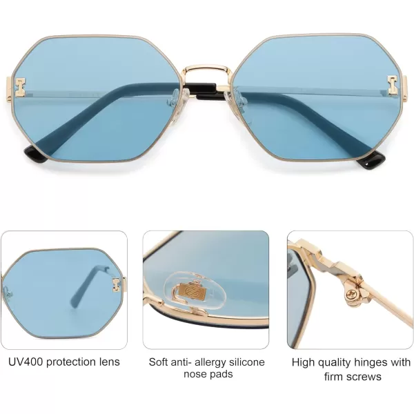 SOJOS Retro Hexagon Sunglasses for Women Trendy Polygon Sun Glasses UV400 Protective SJ1190Gold Frame Blue Lens Blue