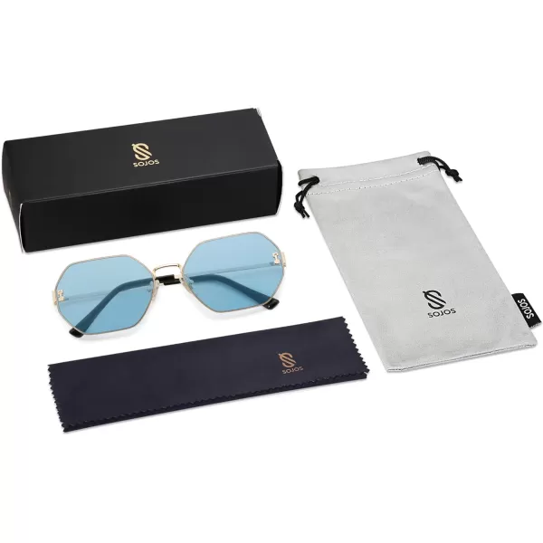 SOJOS Retro Hexagon Sunglasses for Women Trendy Polygon Sun Glasses UV400 Protective SJ1190Gold Frame Blue Lens Blue