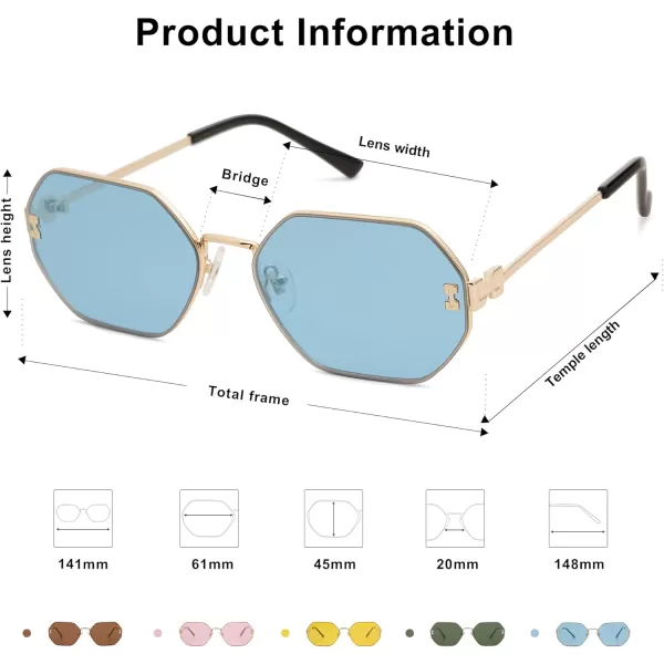 SOJOS Retro Hexagon Sunglasses for Women Trendy Polygon Sun Glasses UV400 Protective SJ1190Gold Frame Blue Lens Blue