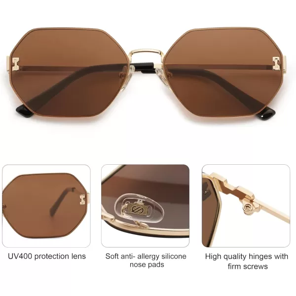 SOJOS Retro Hexagon Sunglasses for Women Trendy Polygon Sun Glasses UV400 Protective SJ1190Gold Frame Brown Lens Brown