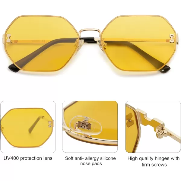 SOJOS Retro Hexagon Sunglasses for Women Trendy Polygon Sun Glasses UV400 Protective SJ1190Gold Frame Yellow Lens Yellow