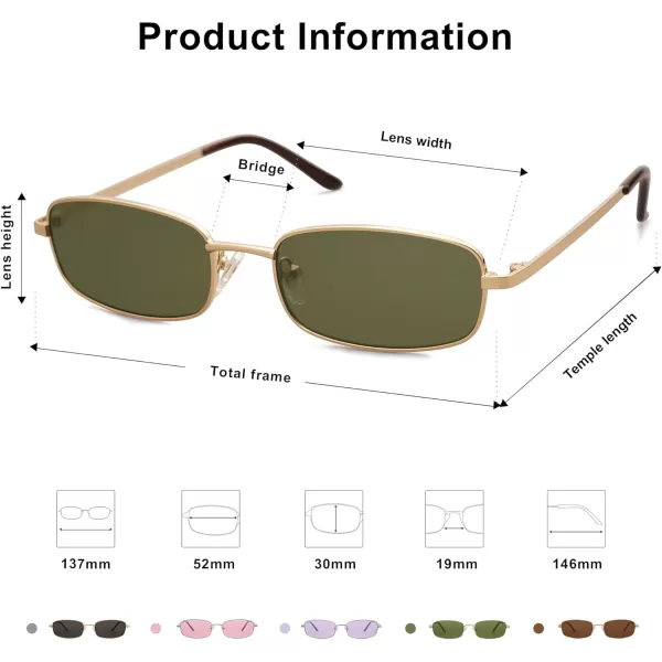 SOJOS Retro Hippie Rectangle Sunglasses 70s Vintage Trendy Small Narrow UV400 Sunnies SJ1187Shiny GoldGreen